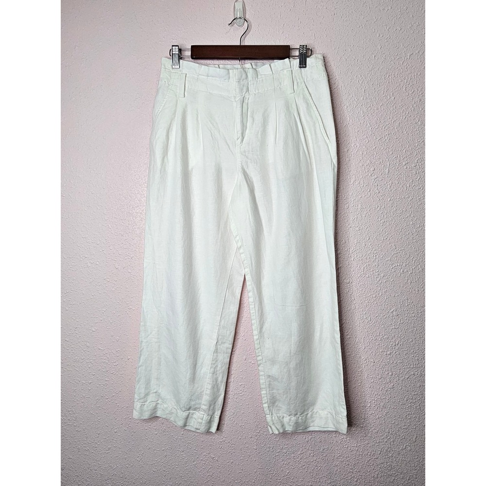 LOFT Womens White Linen Blend Wide Leg Pleated Petite Pants 6P High Rise Cropped